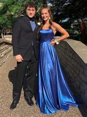 A Line Backless Blue Satin Long Prom with Straps, Backless Blue Formal Graduation Evening