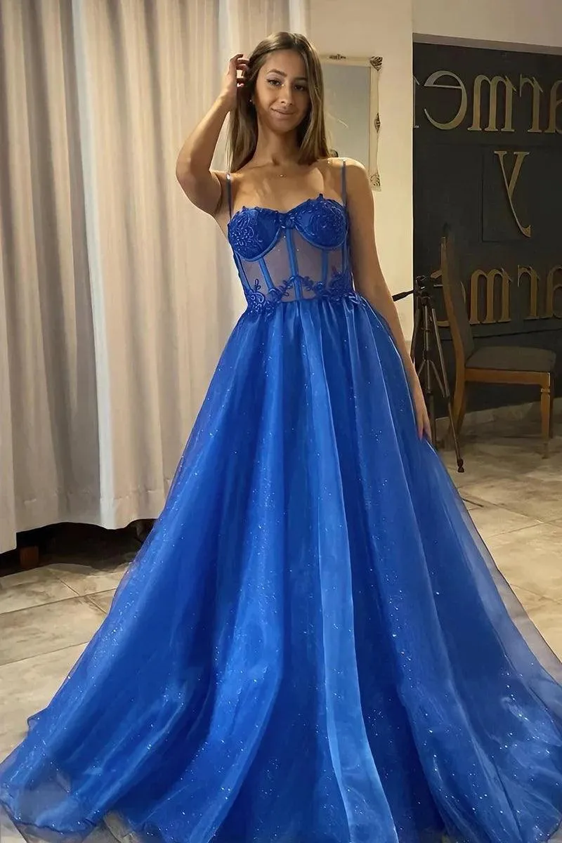 A Line Shiny Royal Blue Tulle Sweetheart Formal Prom Dress  PSK404