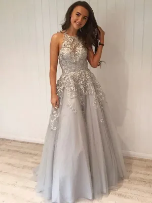 A Line Silver Grey Lace Long Prom, Silver Grey Lace Formal Graduation Evening