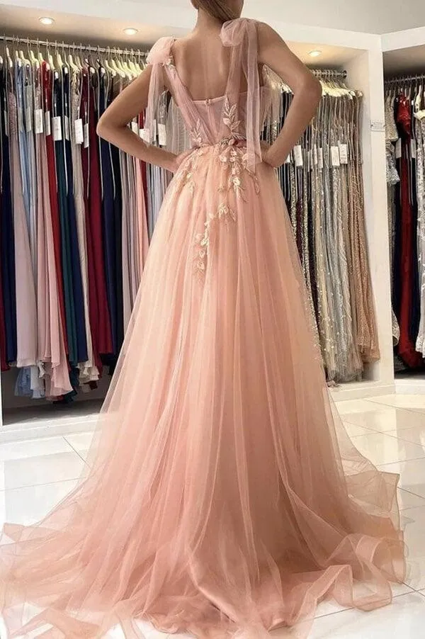 A-line Tulle Floral Lace Pink Tulle Prom Dress Split Evening Dress  PSK279