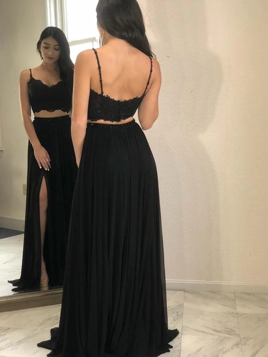 A Line Two Pieces Lace Black Long Prom with Slit, Two Pieces Black Formal, Lace Black Evening