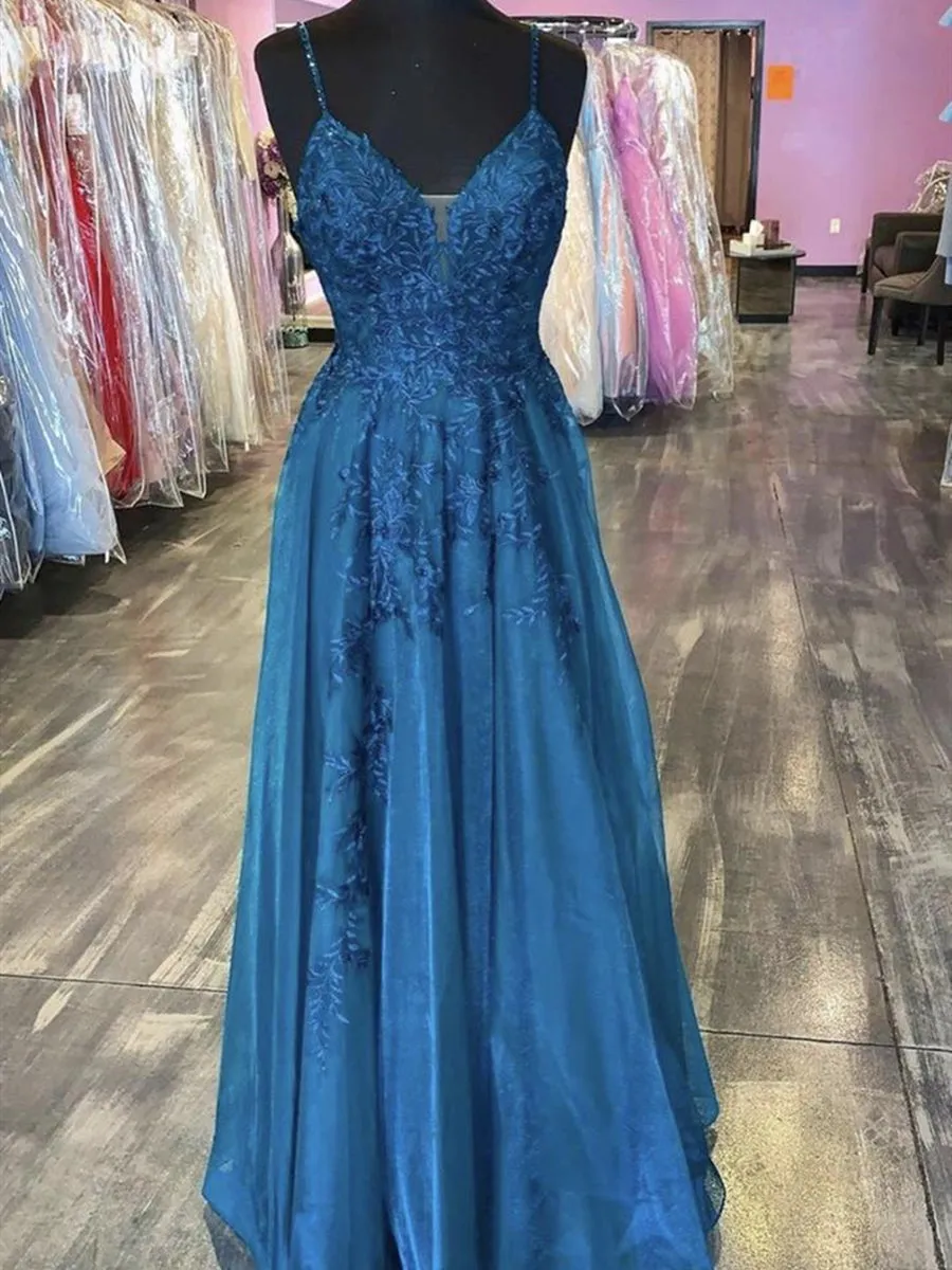 A Line V Neck Blue Lace Long Prom, V Neck Blue Formal, Blue Lace Evening