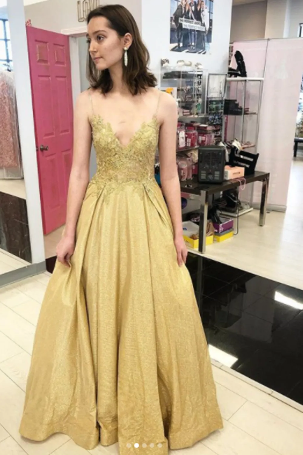 A Line V Neck Golden Lace Long Prom, Shiny Open Back Golden Lace Formal Evening