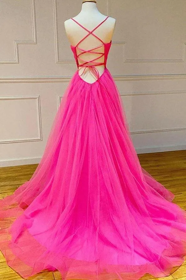 A Line V Neck Hot Pink Tulle Prom Dresses Formal Dresses PSK170