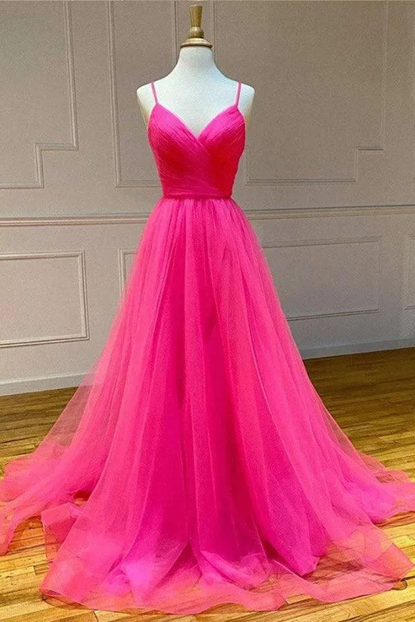 A Line V Neck Hot Pink Tulle Prom Dresses Formal Dresses PSK170