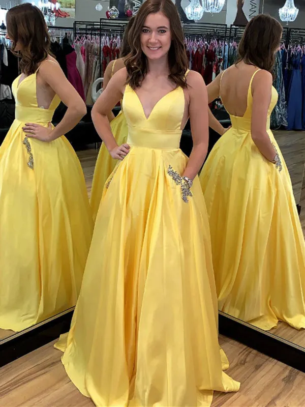 A Line V Neck Spaghetti Straps Backless Satin Yellow Long Prom with Pocket, Yellow Graduation, Evening