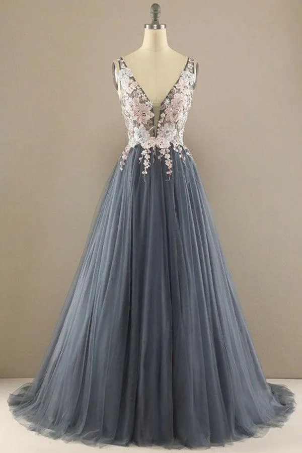 A-line V Neck Tulle Prom Dress Floral Lace Formal Dress PSK323