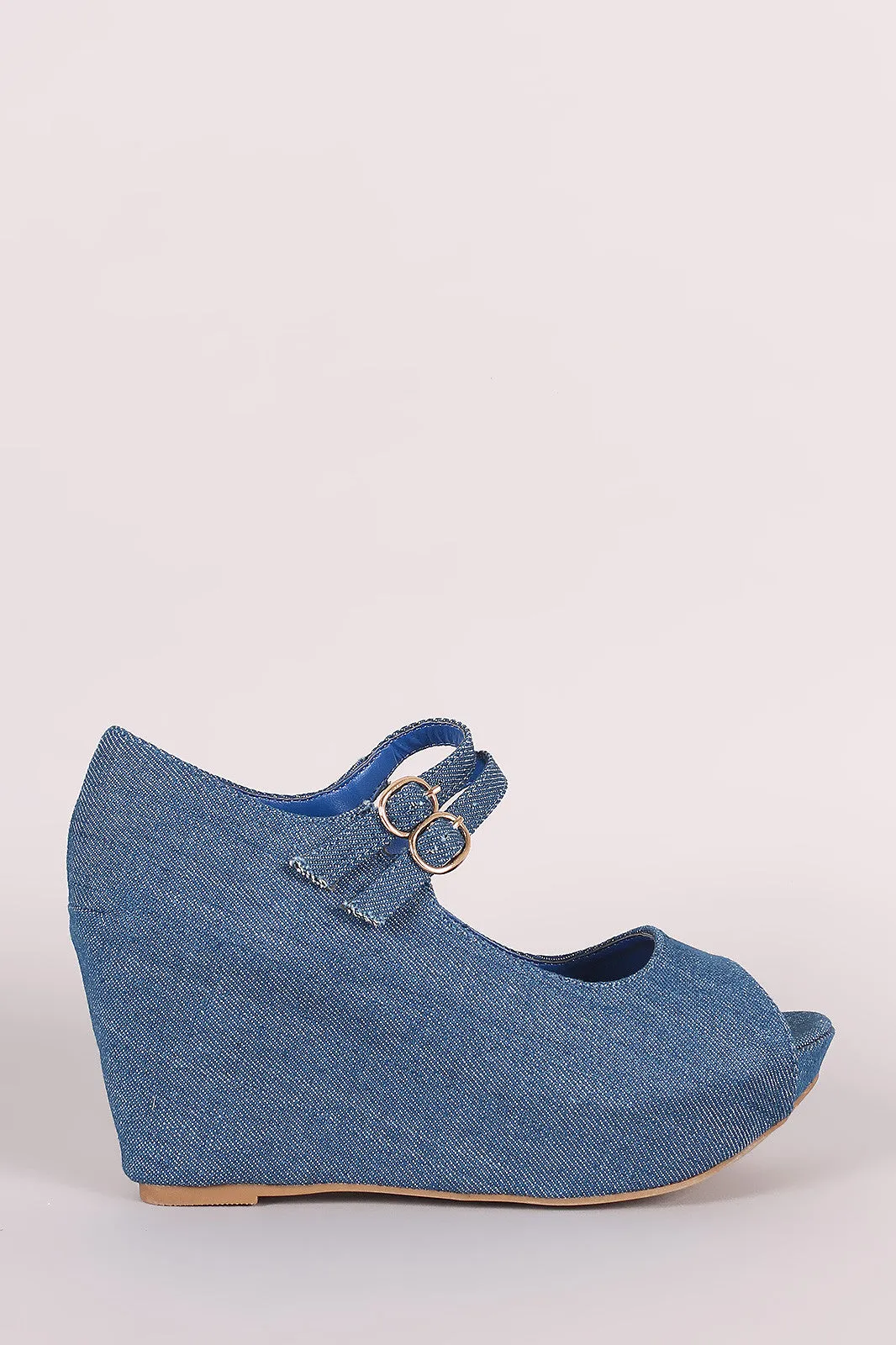 Bamboo Denim Double Mary Jane Strap Platform Wedge