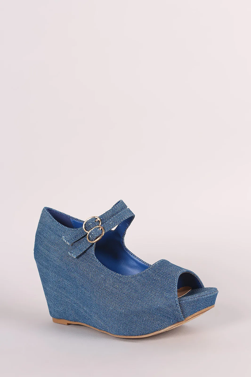 Bamboo Denim Double Mary Jane Strap Platform Wedge