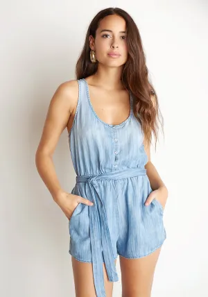 BELLA DAHL - Stripe Trim Racer Back Romper in Silverlake Wash