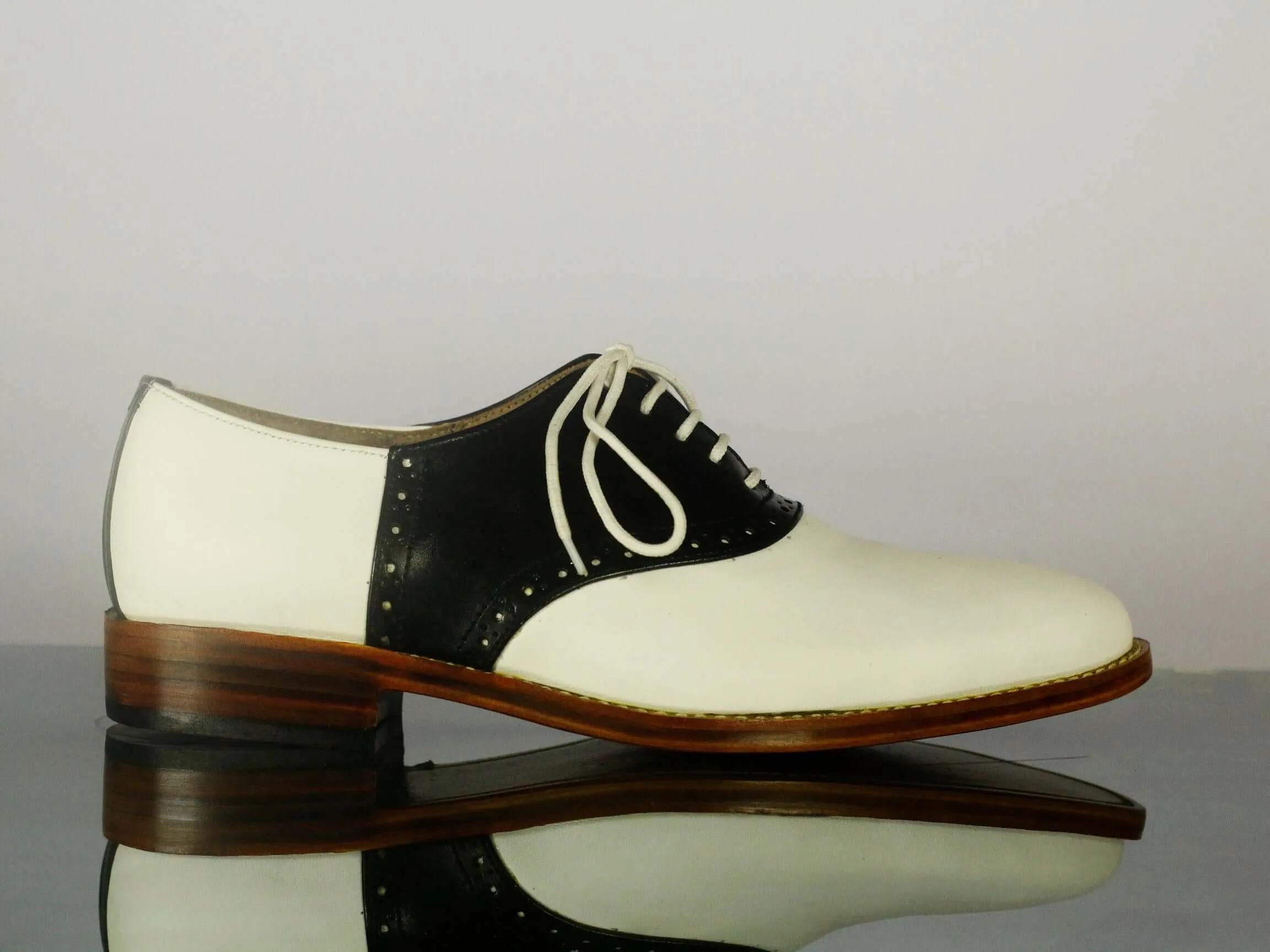 Bespoke White Black Lace Up Leather Shoes,Men's Stylish Shoes