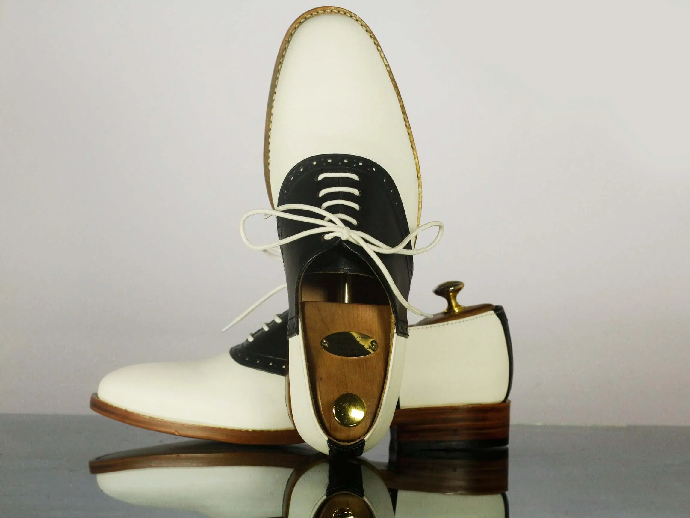 Bespoke White Black Lace Up Leather Shoes,Men's Stylish Shoes