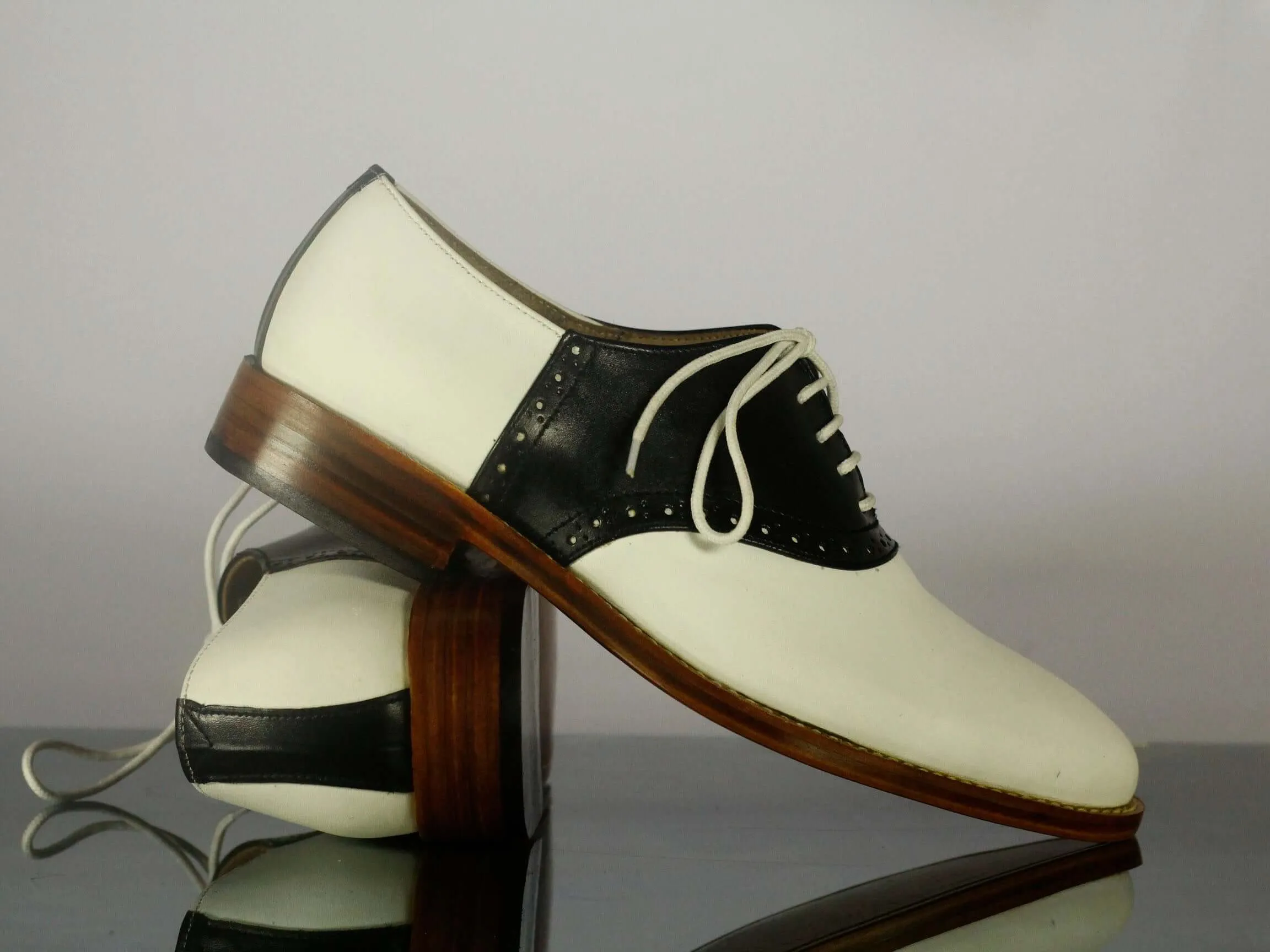 Bespoke White Black Lace Up Leather Shoes,Men's Stylish Shoes