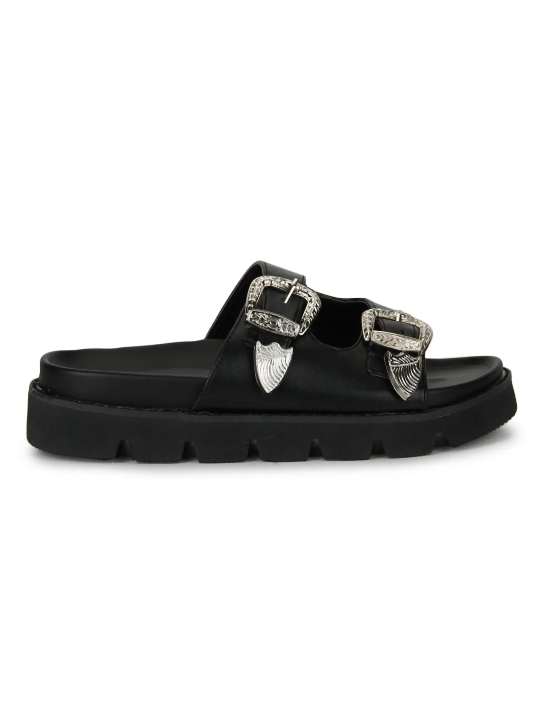 Black PU Double Buckle Strap Slip-On Cleated Flats