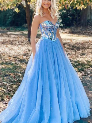 Bling Bling Strapless Sequins Blue Tulle Long Prom Dresses, Blue Tulle Formal Graduation Evening Dresses