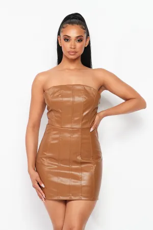 Café Latte Strapless Faux Leather Mini Dress