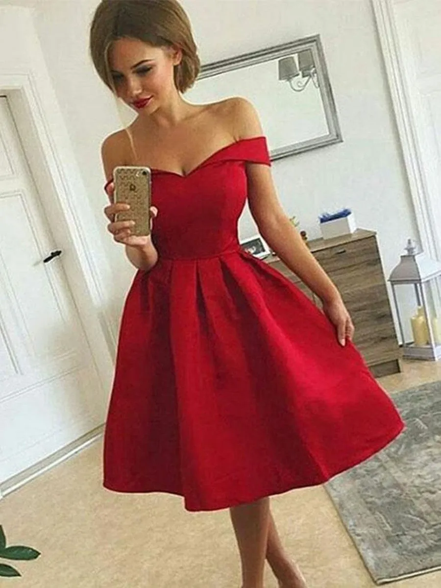 Cute Off Shoulder Red Satin Short Prom, Off Shoulder Red Homecoming, Red Graduation, Formal