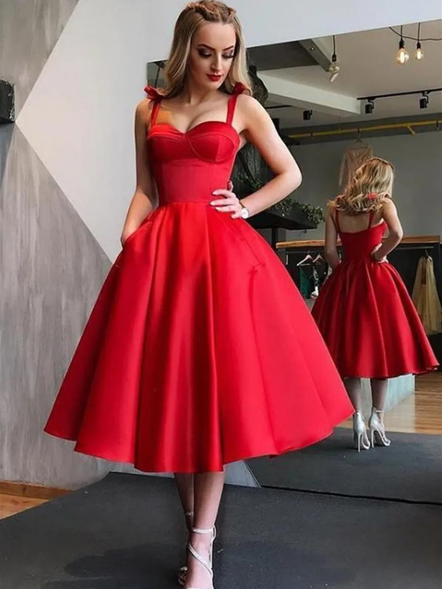 Cute Red Spaghetti Straps Backless Stain Pleated Homecoming with Pocket, Red Tea Length Prom, Formal