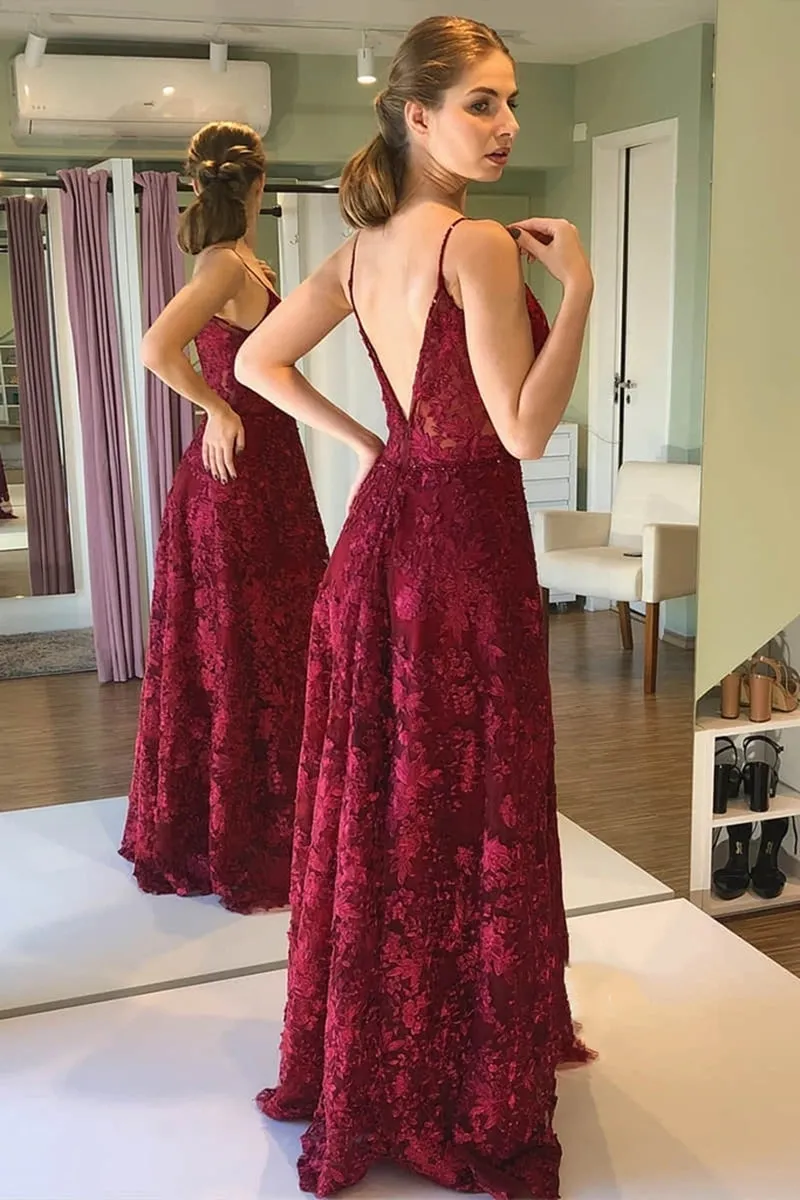 Deep V Neck and V Back Burgundy Lace Long Prom, Open Back Maroon Lace Formal, Burgundy Evening