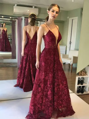 Deep V Neck and V Back Burgundy Lace Long Prom, Open Back Maroon Lace Formal, Burgundy Evening