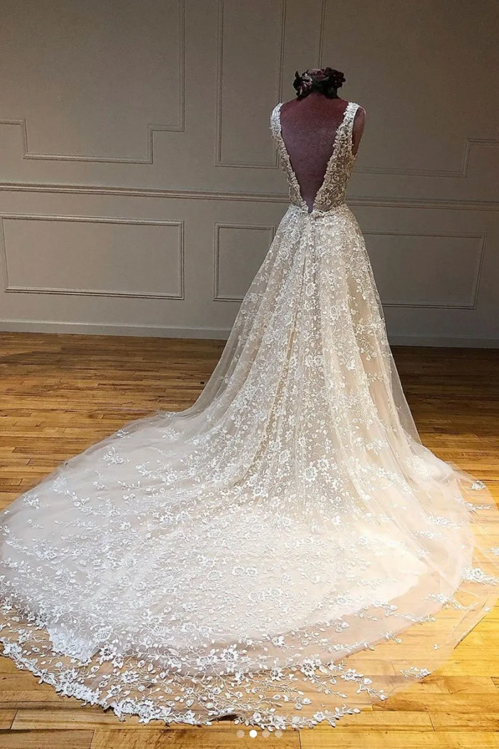 Deep V Neck and V Back Champagne Lace Long Wedding, Champagne Lace Prom Formal Evening