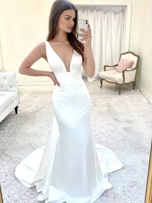 Elegant Mermaid V Neck White Satin Long Prom, Mermaid White Formal, White Evening