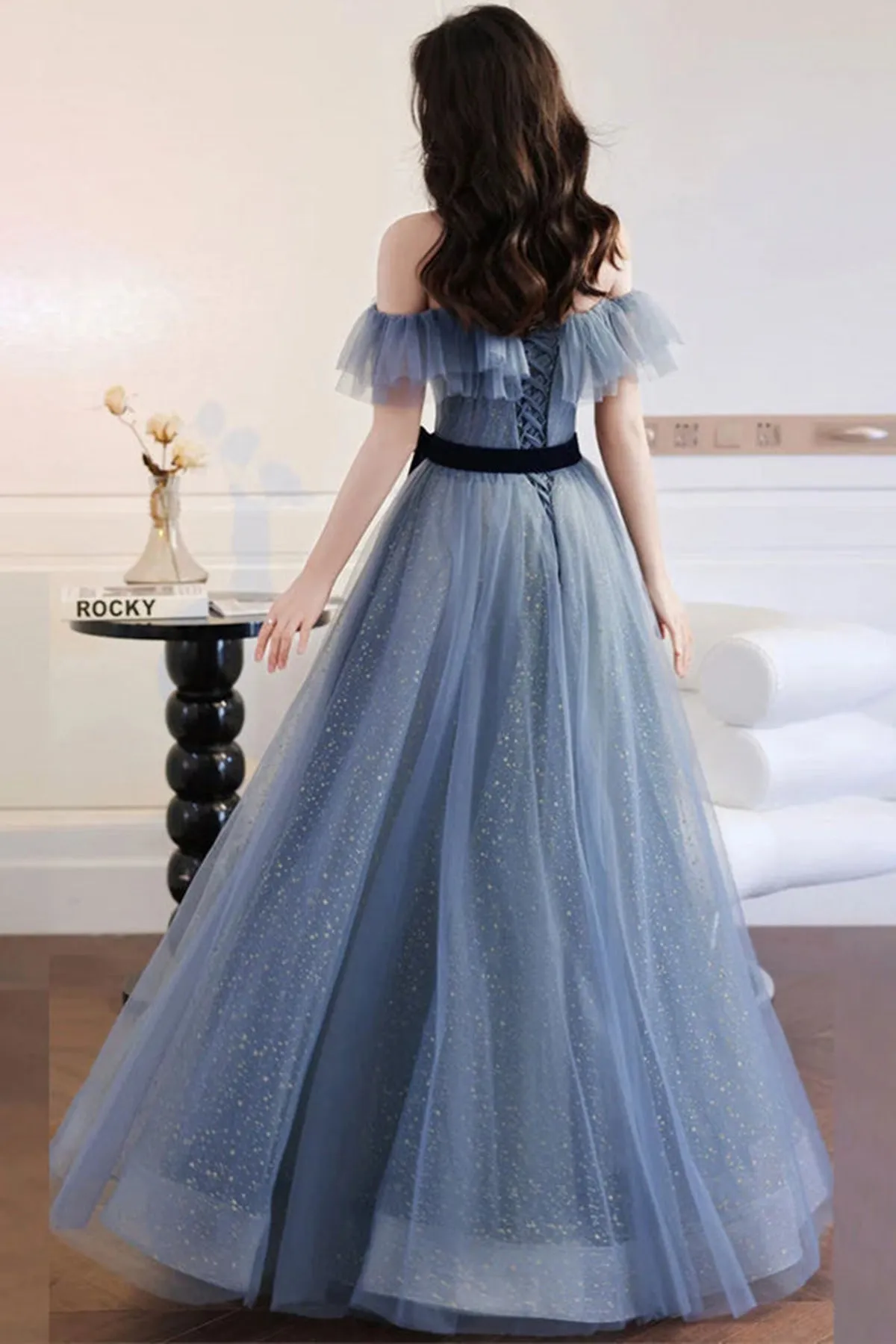 Elegant Off Shoulder Gray Blue Long Prom Dresses, Off the Shoulder Blue Gray Formal Dresses, Tulle Evening Dresses A1844