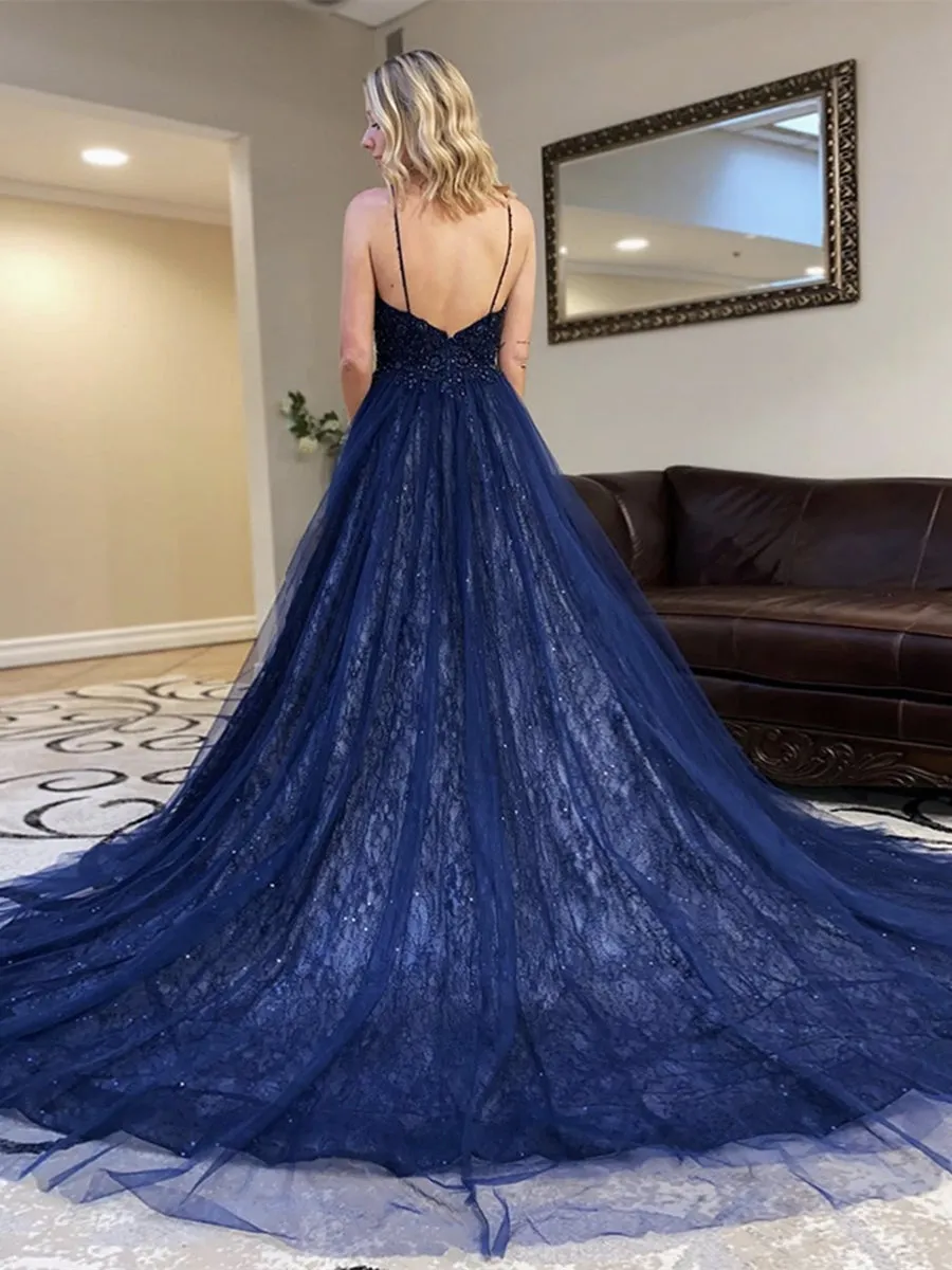 Gorgeous Deep V Neck Sequins Backless Navy Blue Lace Long Prom 2020, Backless Navy Blue Lace Formal, Navy Blue Evening