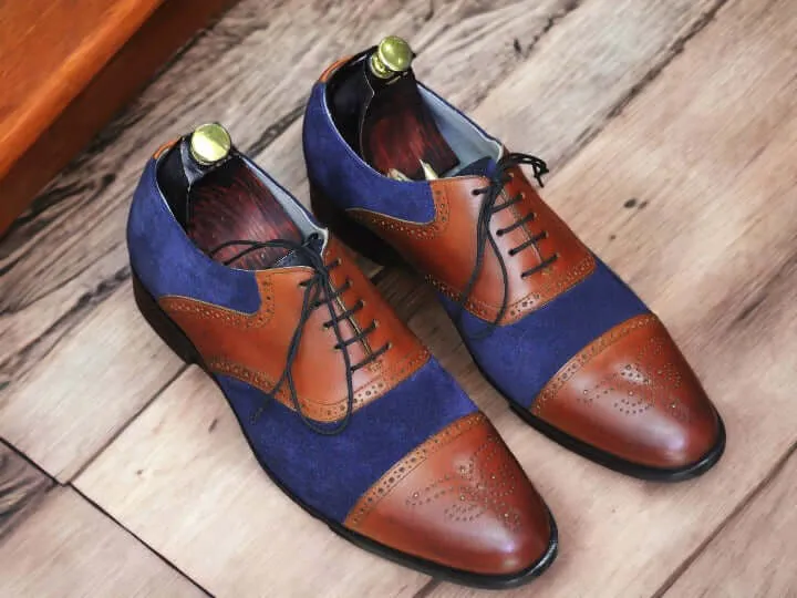 Handmade Blue Brown Cap Toe Leather Suede Shoes, Men's Dress Shoes