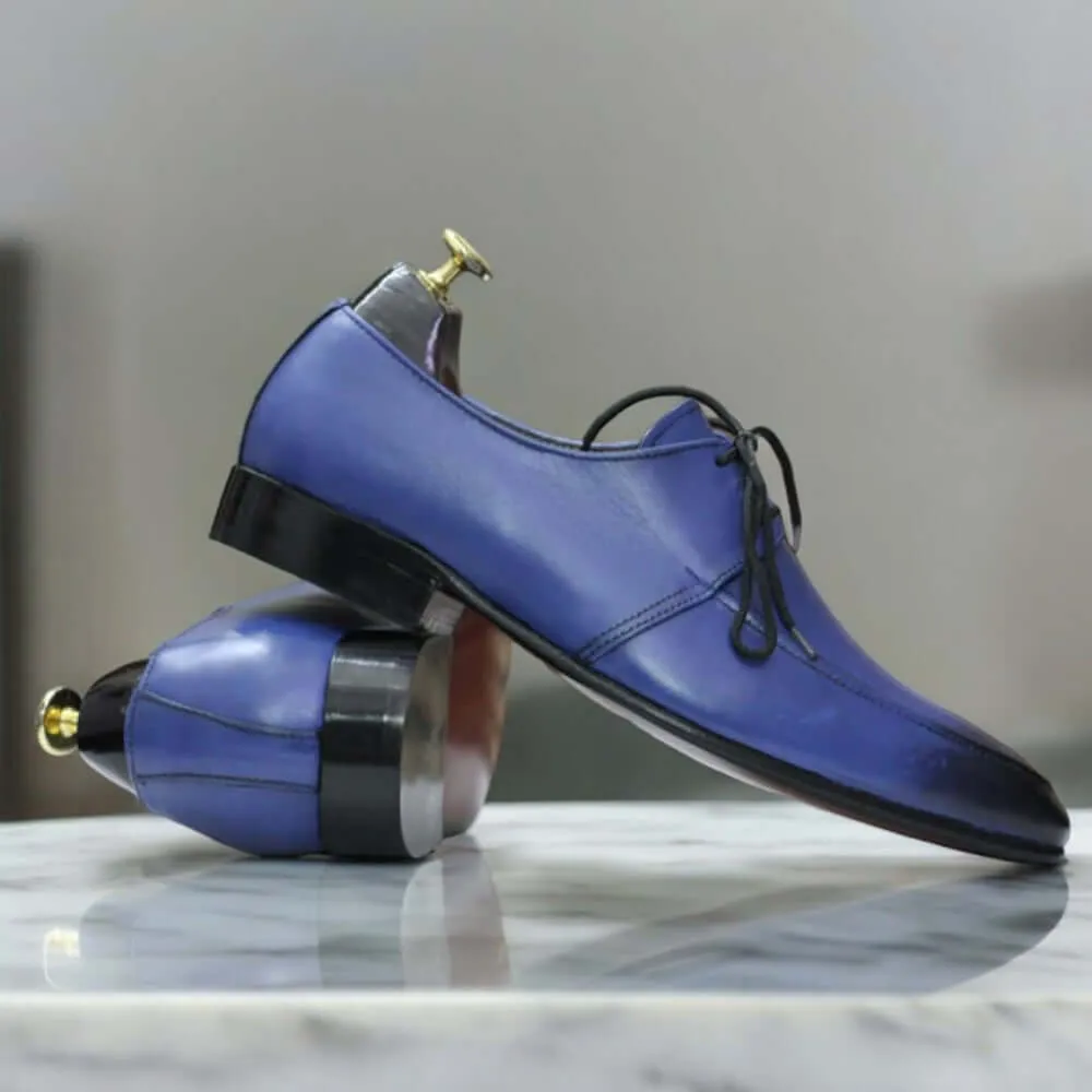 Handmade Blue Two Shaded Lace Up Leather Shoes For Men's