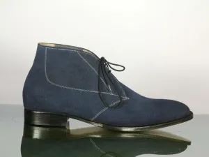 Handmade Half Ankle Blue Suede Lace up Boot, Men's Oxford Boot