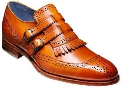 Handmade men tan monk shoes, men dress fringes shoes, formal leather shoes men