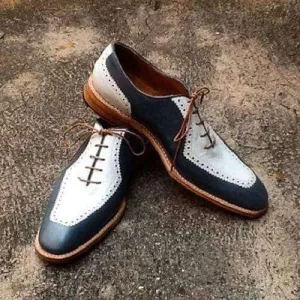 Handmade Men's Black White Leather Lace Up Shoe