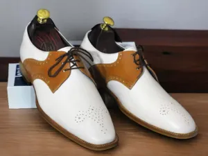 Handmade Men's Brown White Brogue Toe Lace Up Office Shoes