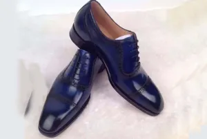 Handmade Men's Cap Toe Shoes, Men's Blue Lace Up Leather Shoes