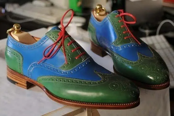 Handmade Men's Fashion Shoes, Green Blue Leather wing Tip Fashion Shoes