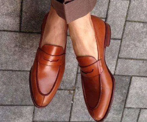 Handmade Men's Leather Brown Slip On Split Toe Shoes