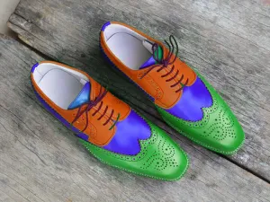 Handmade Multi Color Leather Shoes, Dress Leather Shoes Red Green Blue Shoes