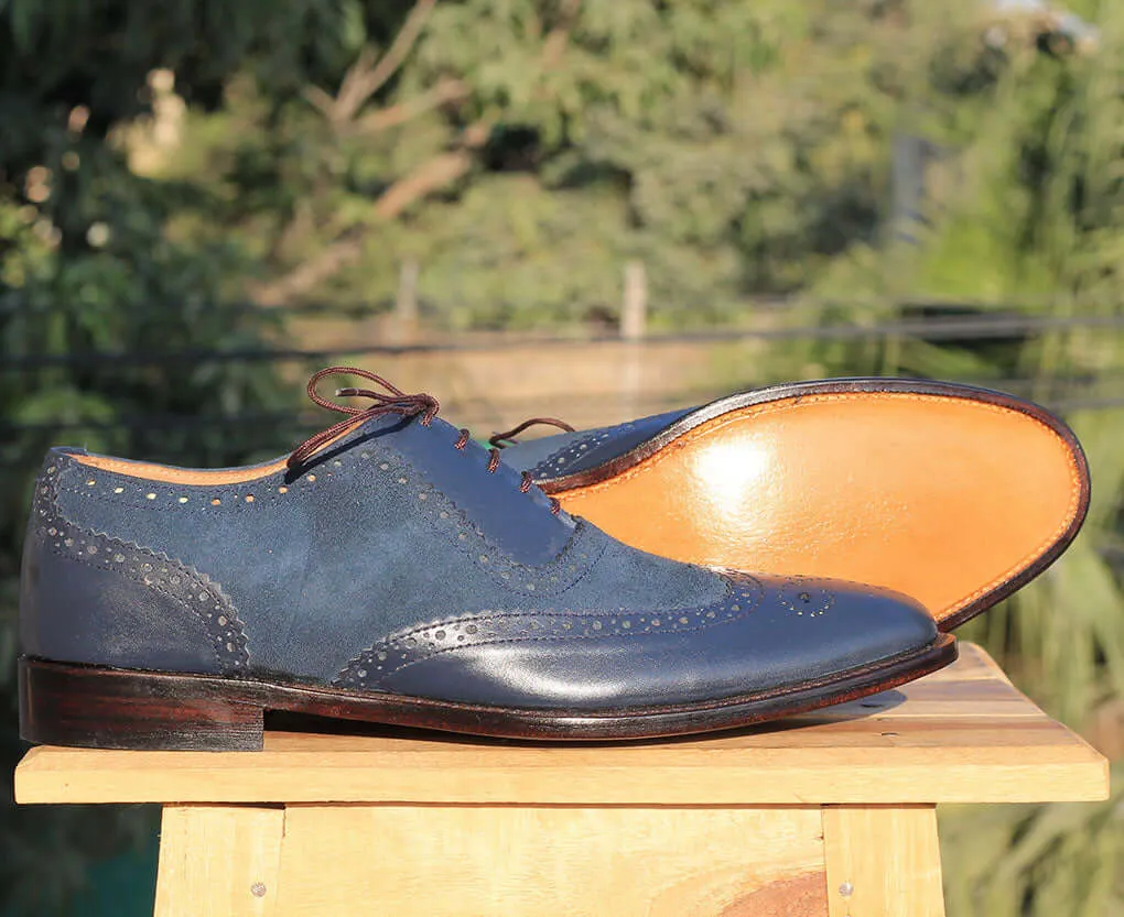 Handmade Navy Blue Leather Suede shoes, Men's Wingtip Brogue Formal Shoes