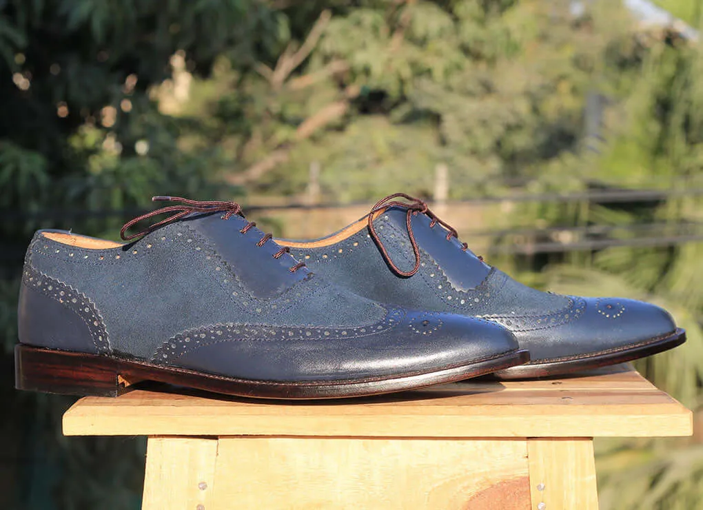 Handmade Navy Blue Leather Suede shoes, Men's Wingtip Brogue Formal Shoes