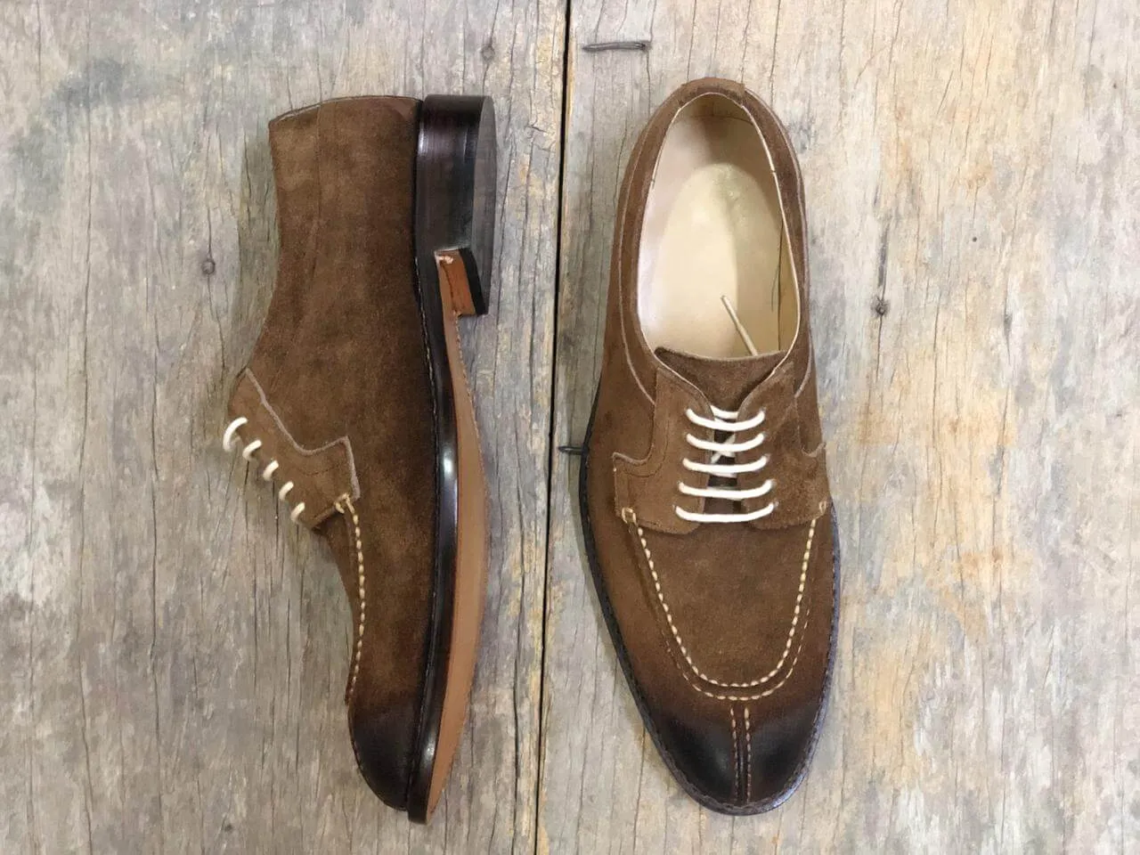 Handmade Two Tone Brown Split Toe Suede Lace Up Shoes For Men's