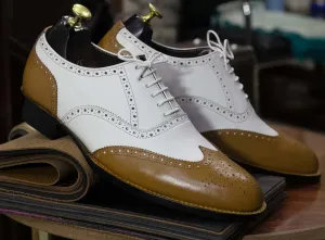 Handmade Two Tone Lace Up Leather Shoes, Wing Tip Style Shoes , Men's Shoes