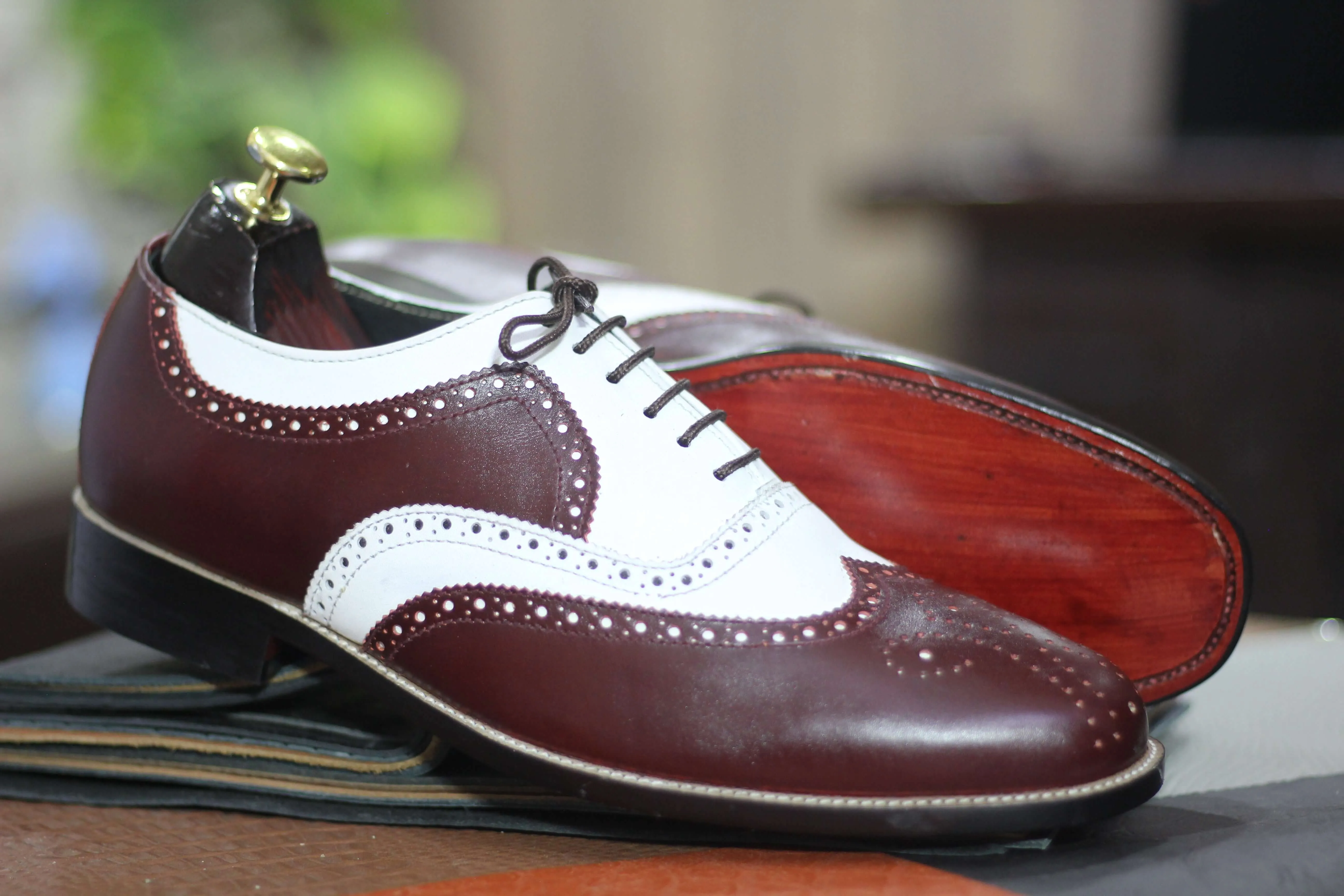 Handmade Two Tone Lace Up Wing Tip Brogue Toe Shoes, Men's Leather Shoes