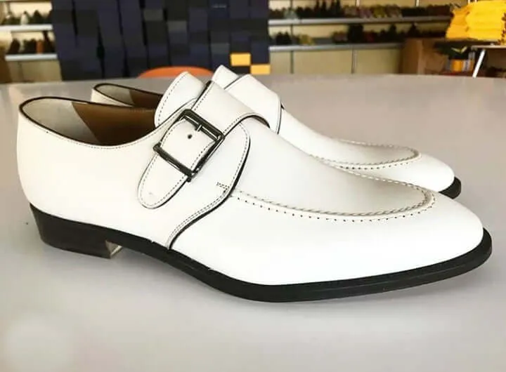 Handmade White Color Leather Round Toe Dress Men's Fashion Monk Strap Shoes