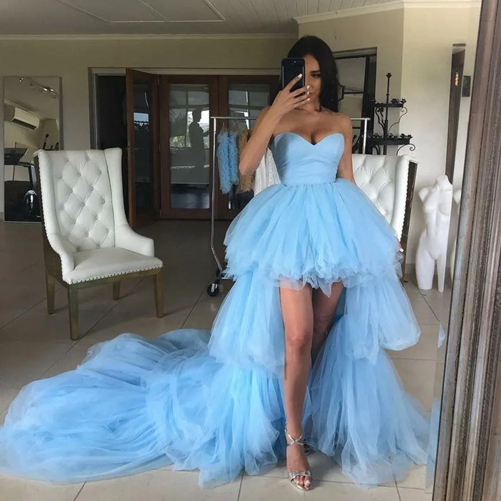 High Low Strapless Light Blue Tulle Long Prom with Train, High Low Light Blue Formal Evening