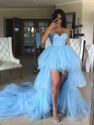 High Low Strapless Light Blue Tulle Long Prom with Train, High Low Light Blue Formal Evening