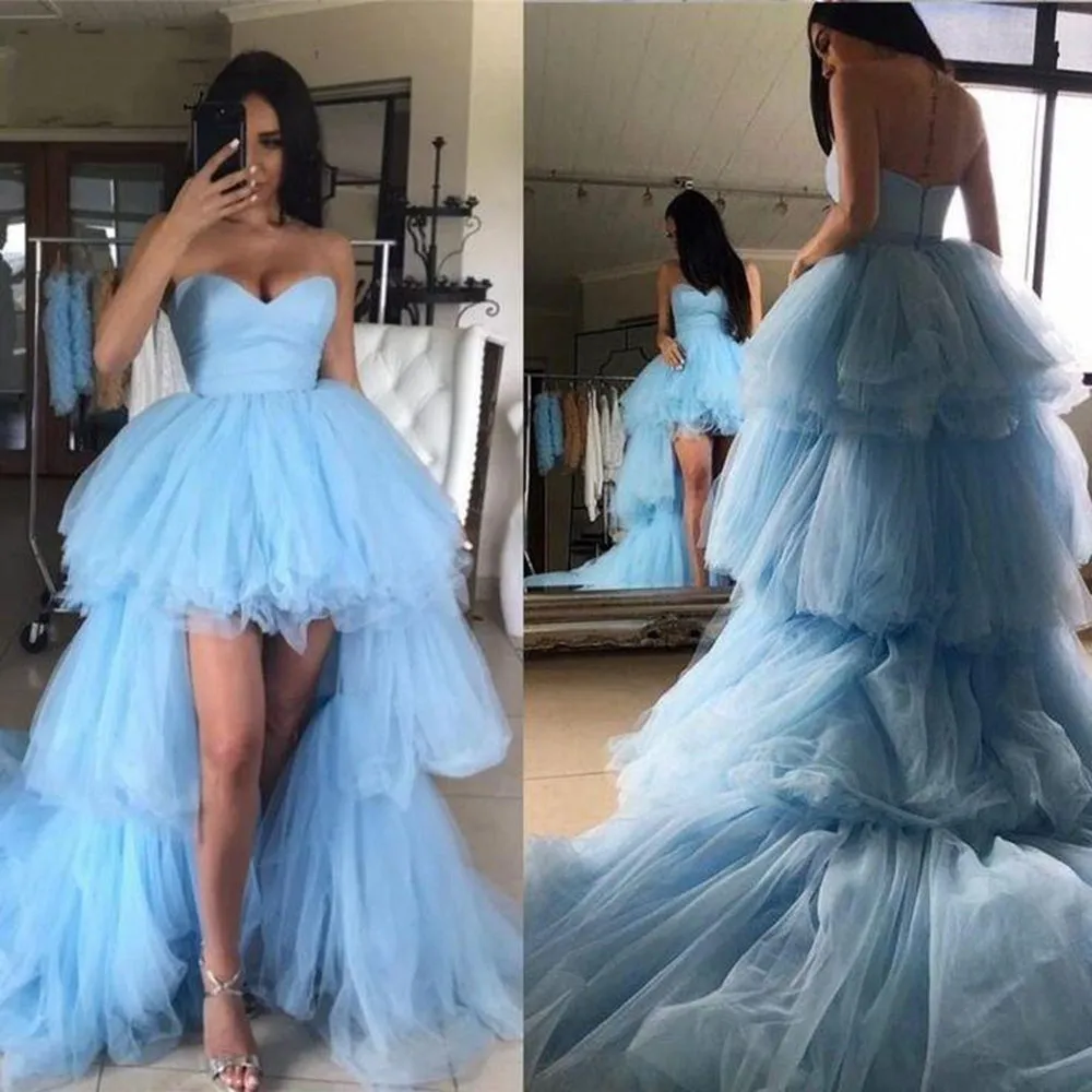 High Low Strapless Light Blue Tulle Long Prom with Train, High Low Light Blue Formal Evening