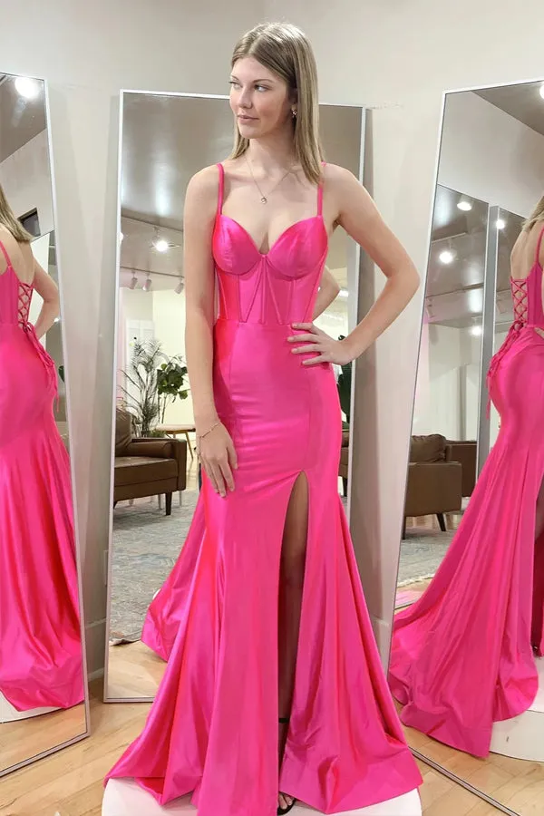 Hot Pink Mermaid Straps Satin Long Prom Dress with Slit  PSK514