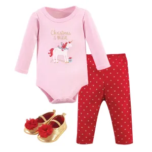 Hudson Baby Cotton Bodysuit, Pant and Shoe Set, Magical Christmas