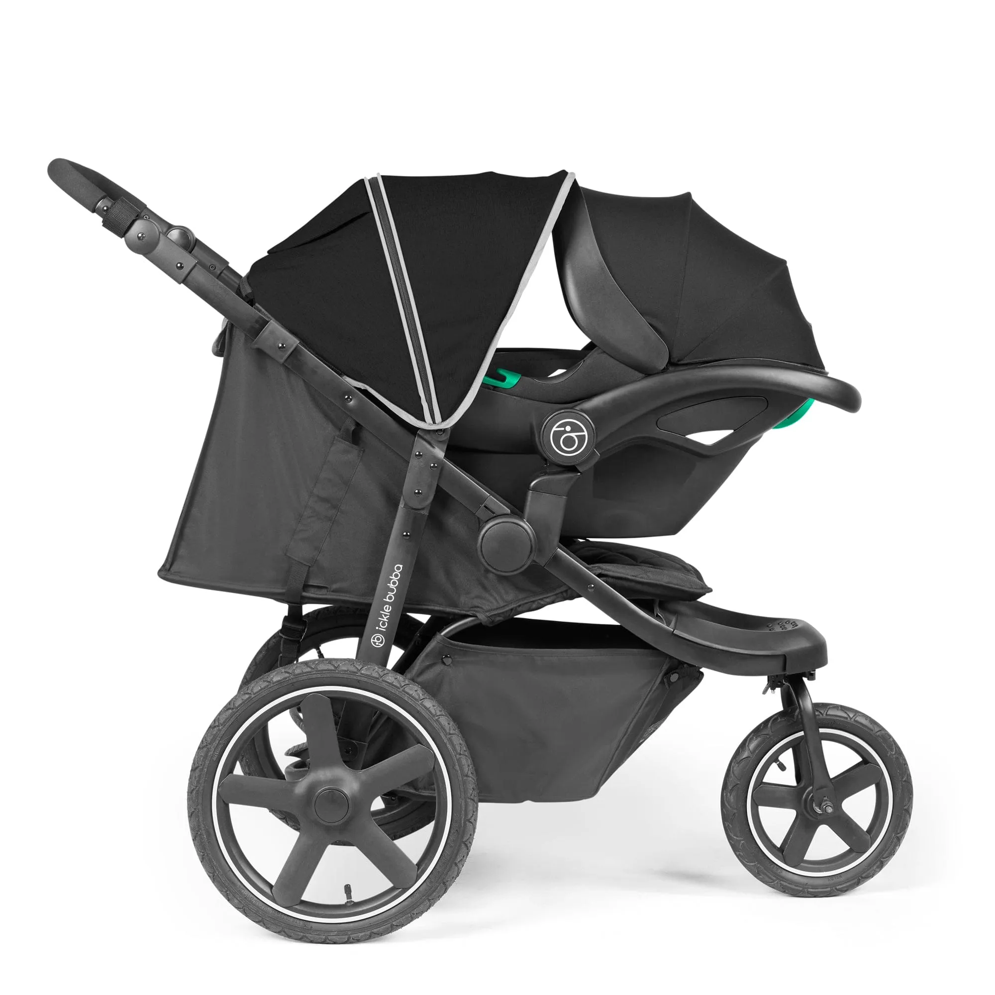 Ickle Bubba Venus Max Jogger Stroller I-Size Travel System in Black/Black with Isofix Base